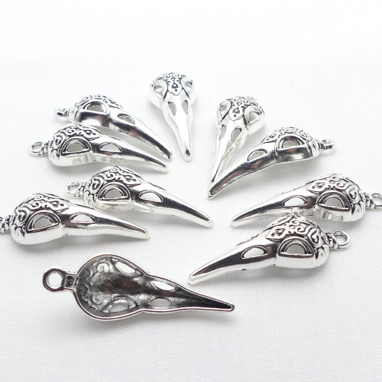 10 Silver Tone Bird Skull Metal Charms