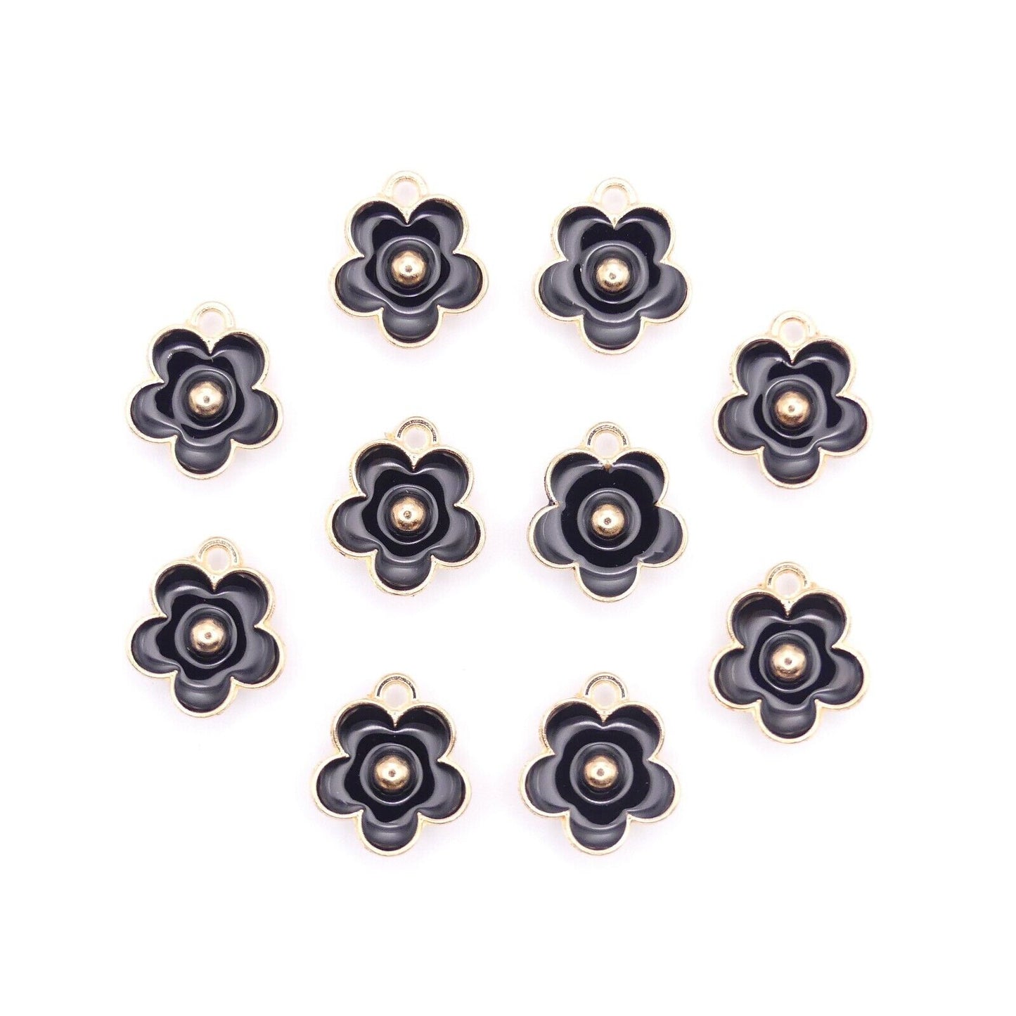 10 Black Enamel Gold Plated Daisy Flower Charms