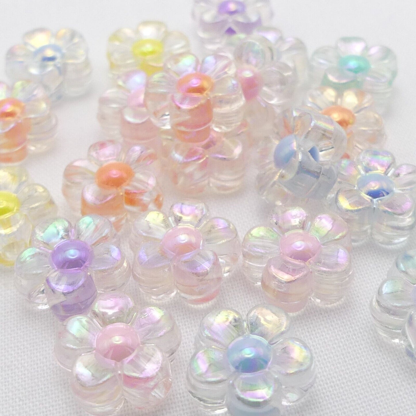40 Clear Flower Acrylic Beads With Random Mixed Coloured Centres, Daisy Beads