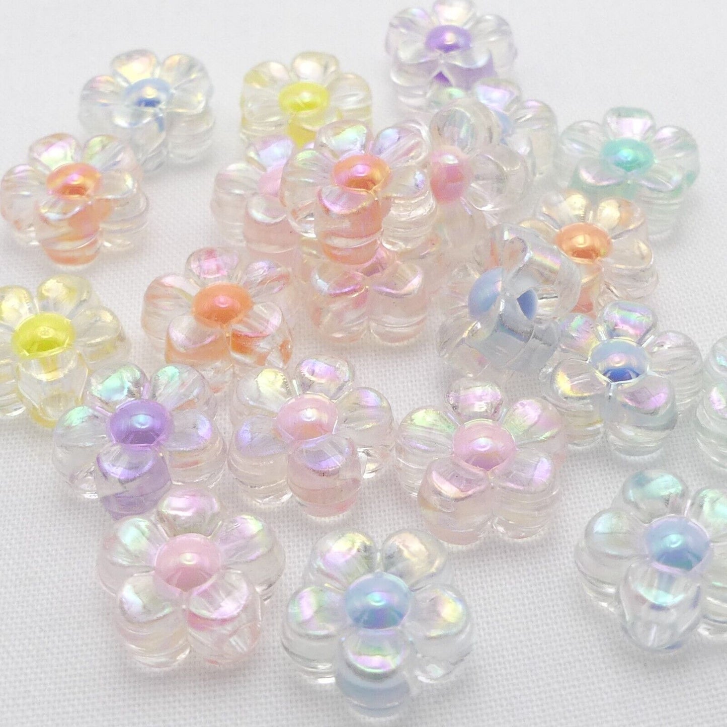 40 Clear Flower Acrylic Beads With Random Mixed Coloured Centres, Daisy Beads