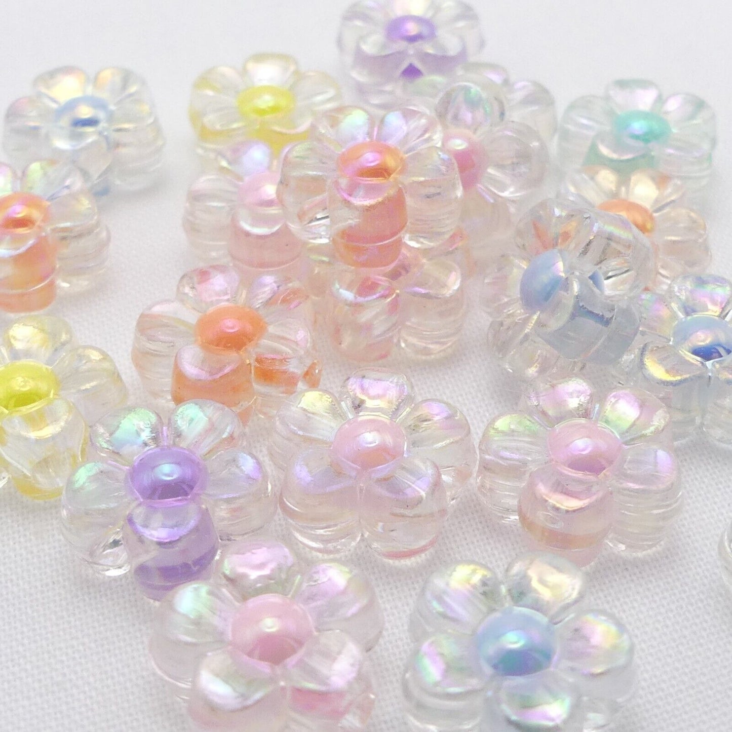 40 Clear Flower Acrylic Beads With Random Mixed Coloured Centres, Daisy Beads