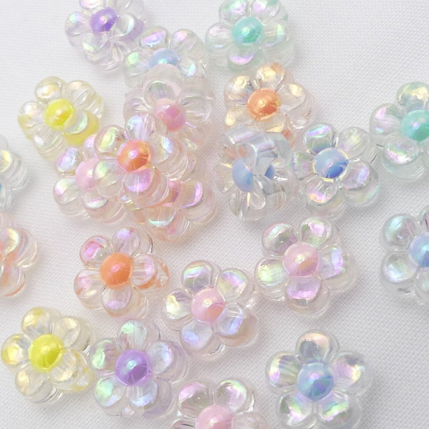 40 Clear Flower Acrylic Beads With Random Mixed Coloured Centres, Daisy Beads