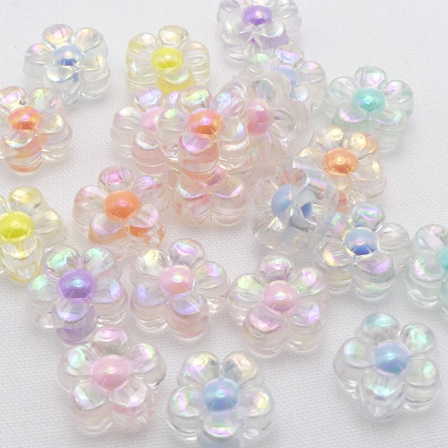 40 Clear Flower Acrylic Beads With Random Mixed Coloured Centres, Daisy Beads