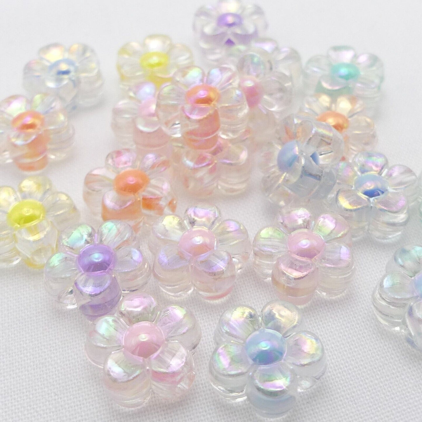 40 Clear Flower Acrylic Beads With Random Mixed Coloured Centres, Daisy Beads