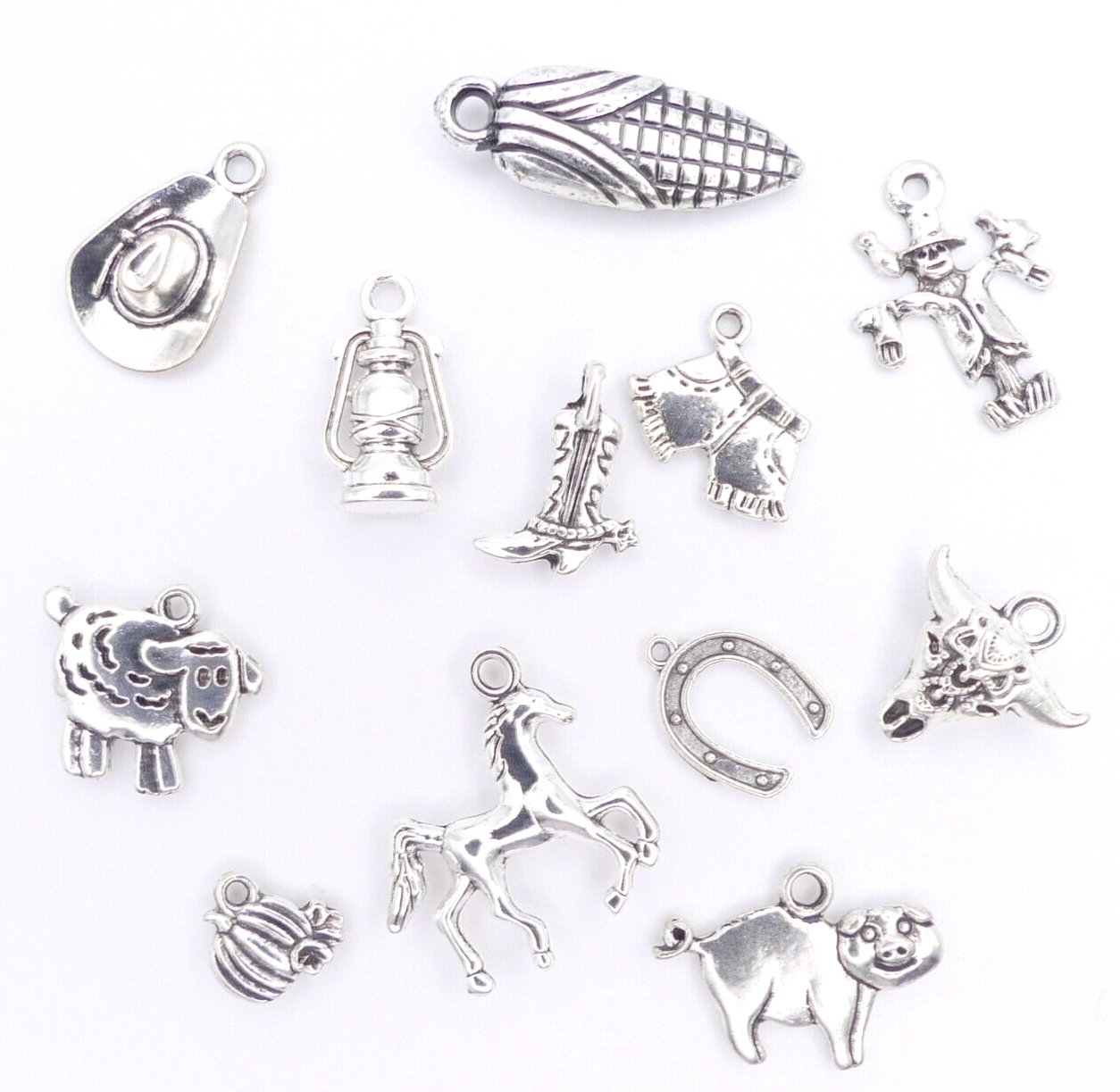 12 Farm Animal Cowboy Tibetan silver Tone Metal charms