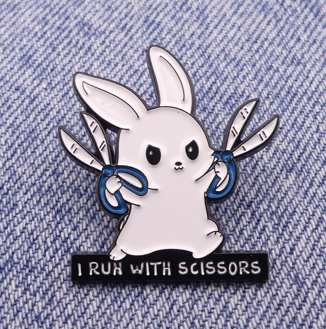 Bad Bunny "I Run With Scissors" Enamel Pin Badge.
