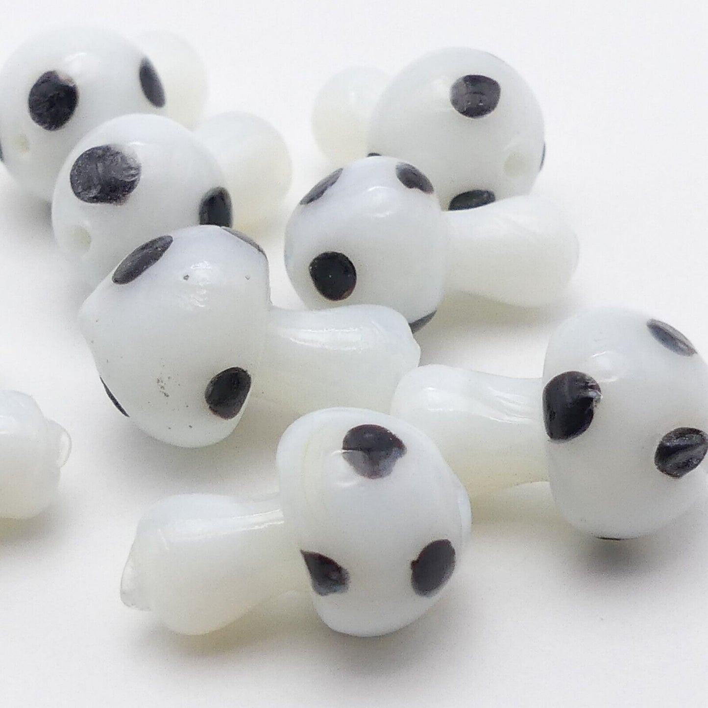 10 Lampwork White And Black Glass Mushroom Beads Handmade