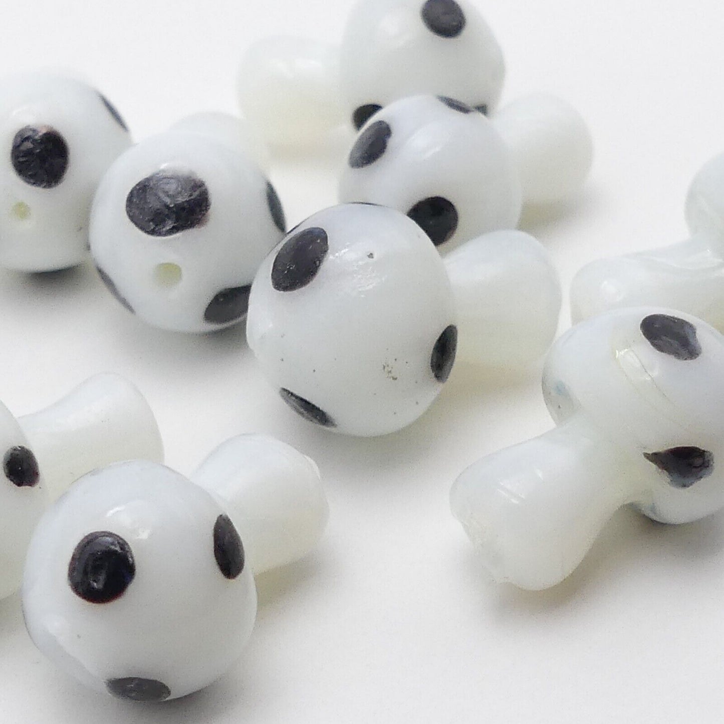 10 Lampwork White And Black Glass Mushroom Beads Handmade