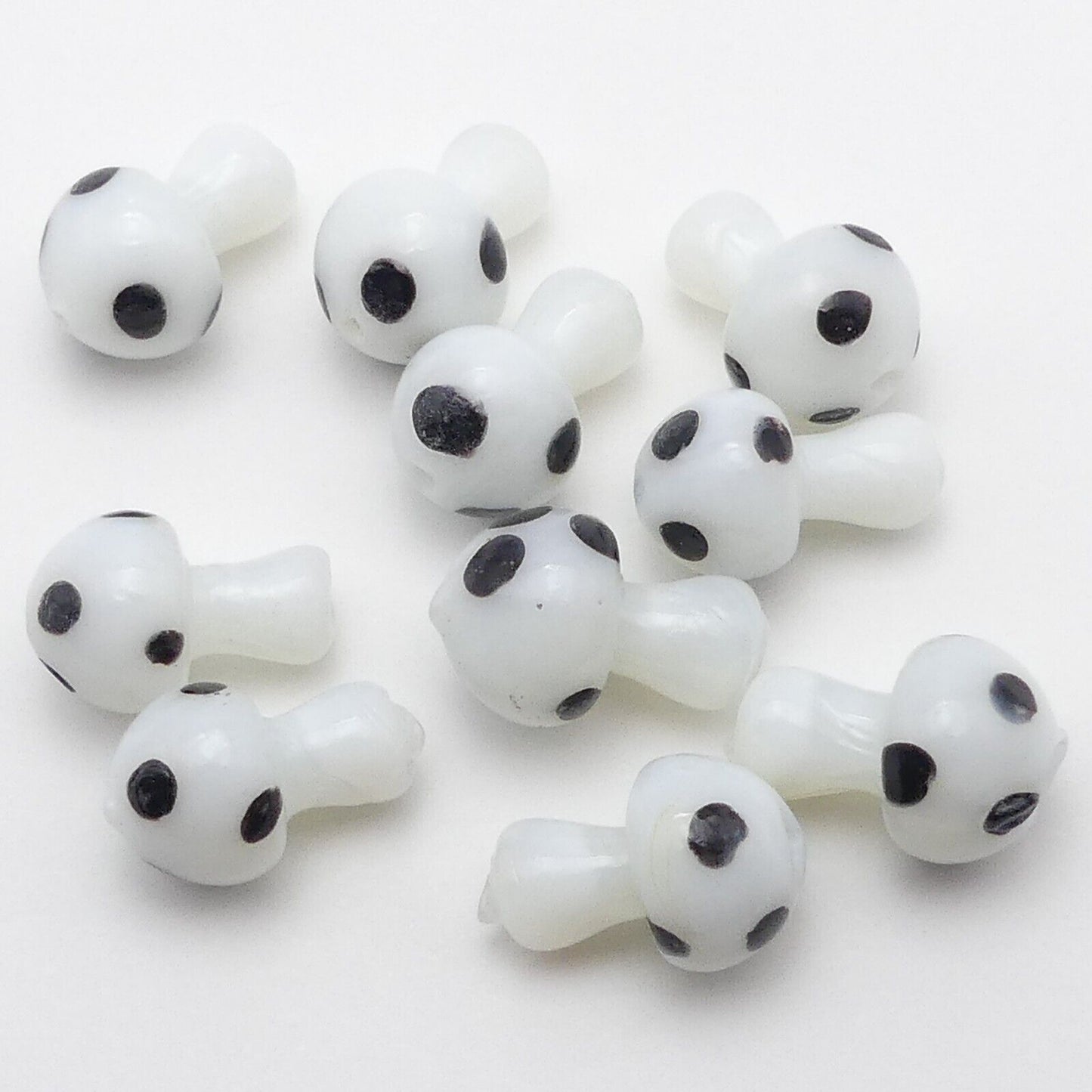 10 Lampwork White And Black Glass Mushroom Beads Handmade