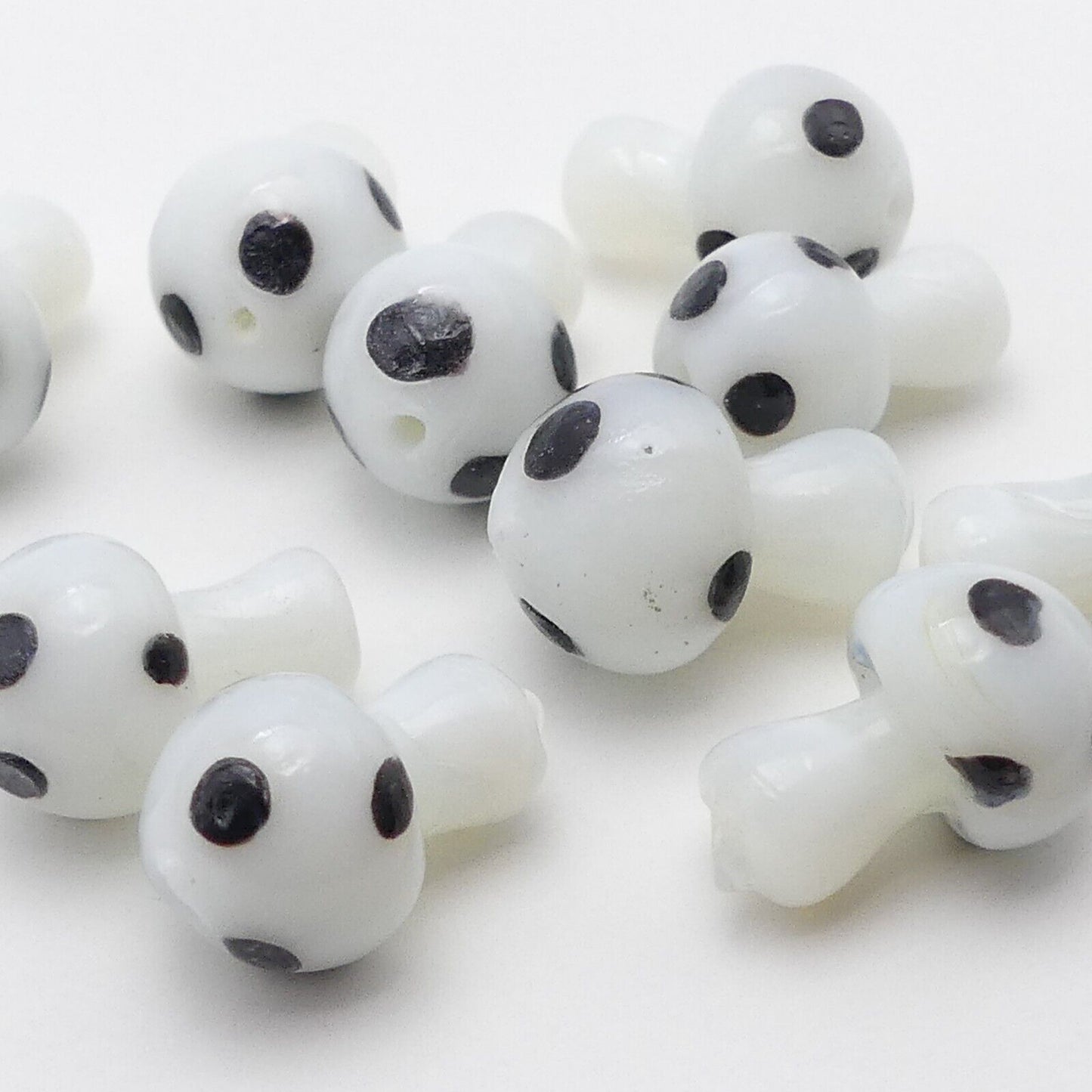 10 Lampwork White And Black Glass Mushroom Beads Handmade