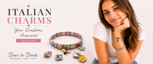 Woman wearing 9mm Italian charm bracelets beside a selection of colourful Italian charms from Bear in Beads, with Italian Charms FAQ Guide text.