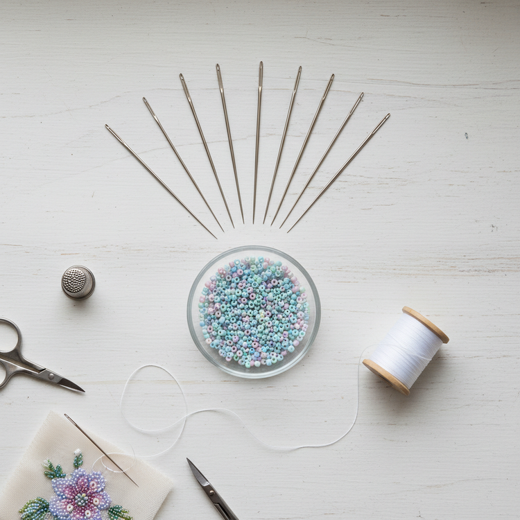 Beading needles arranged with seed beads and thread on a white surface