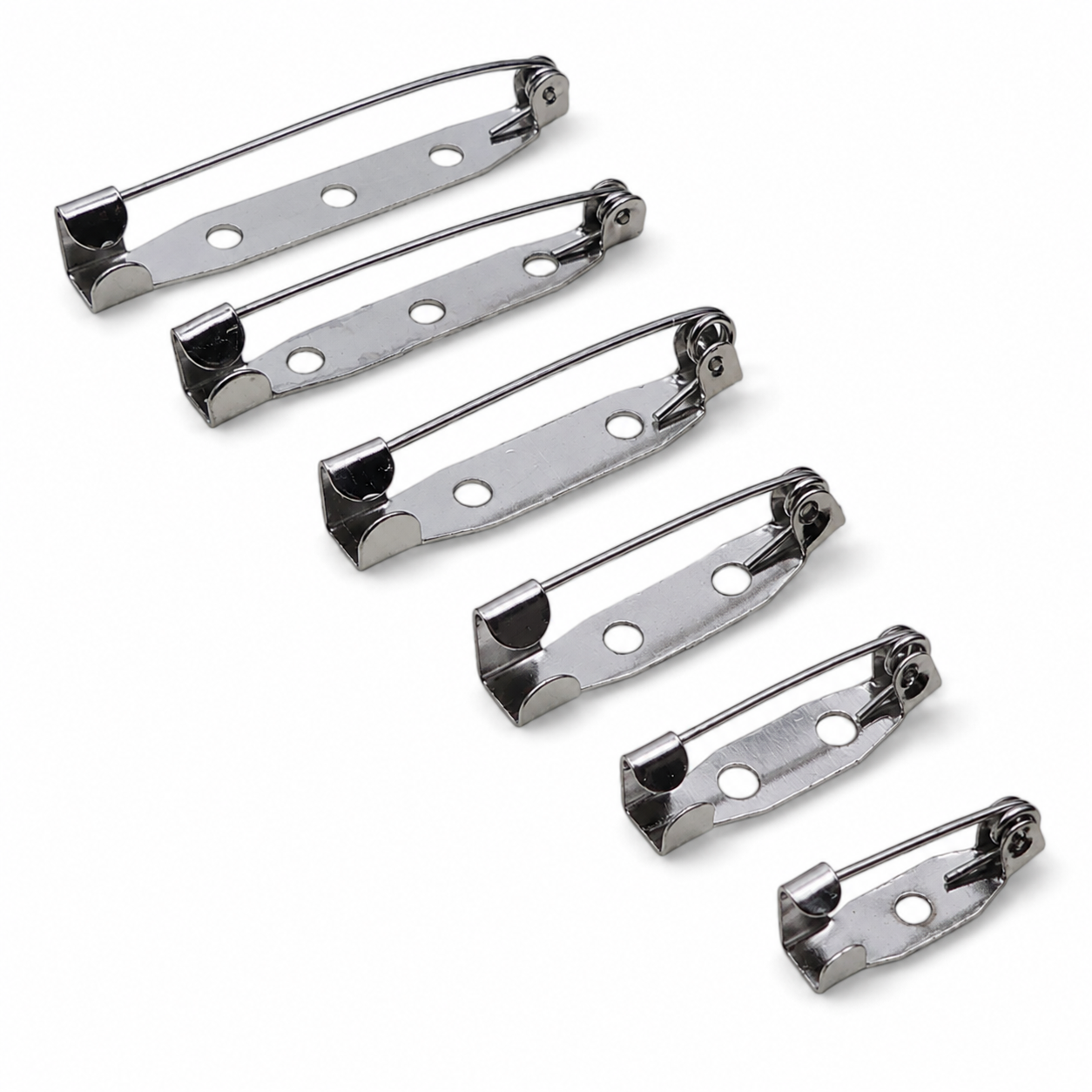 Steel bar pin backs with folding locking clasp and round hole row for badges