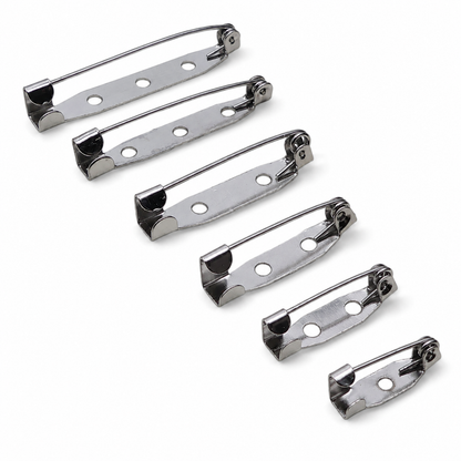 Steel bar pin backs with folding locking clasp and round hole row for badges