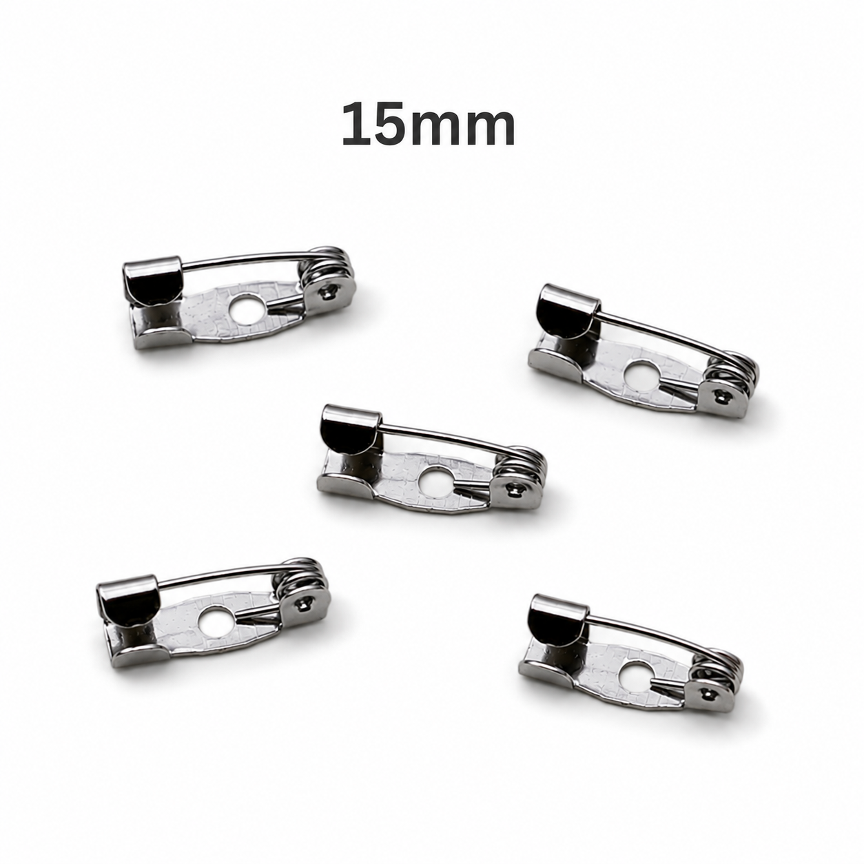 Silver 15mm brooch pin backs, compact curved clasp with one round hole