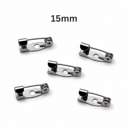 Silver 15mm brooch pin backs, compact curved clasp with one round hole