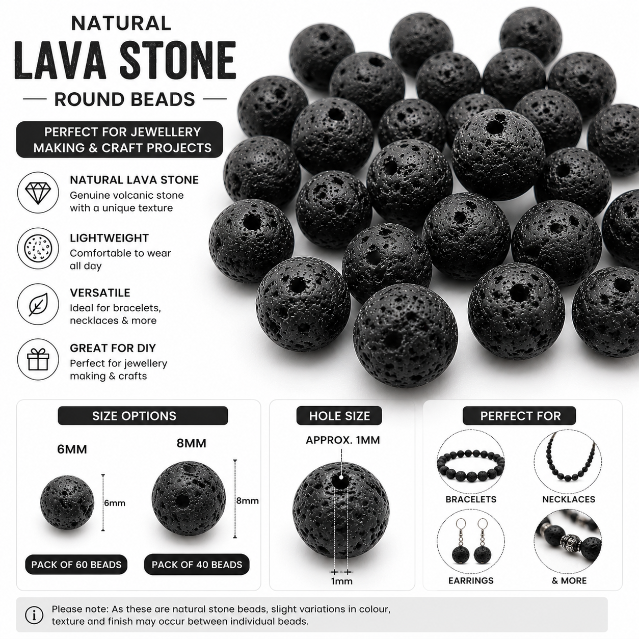 Black round lava stone beads, textured surface, with center holes for jewelry making