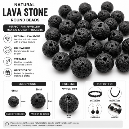 Black round lava stone beads, textured surface, with center holes for jewelry making