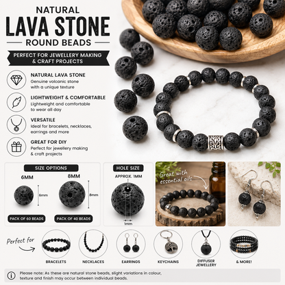 Natural lava stone bead bracelet and loose round beads, black, with drilled holes