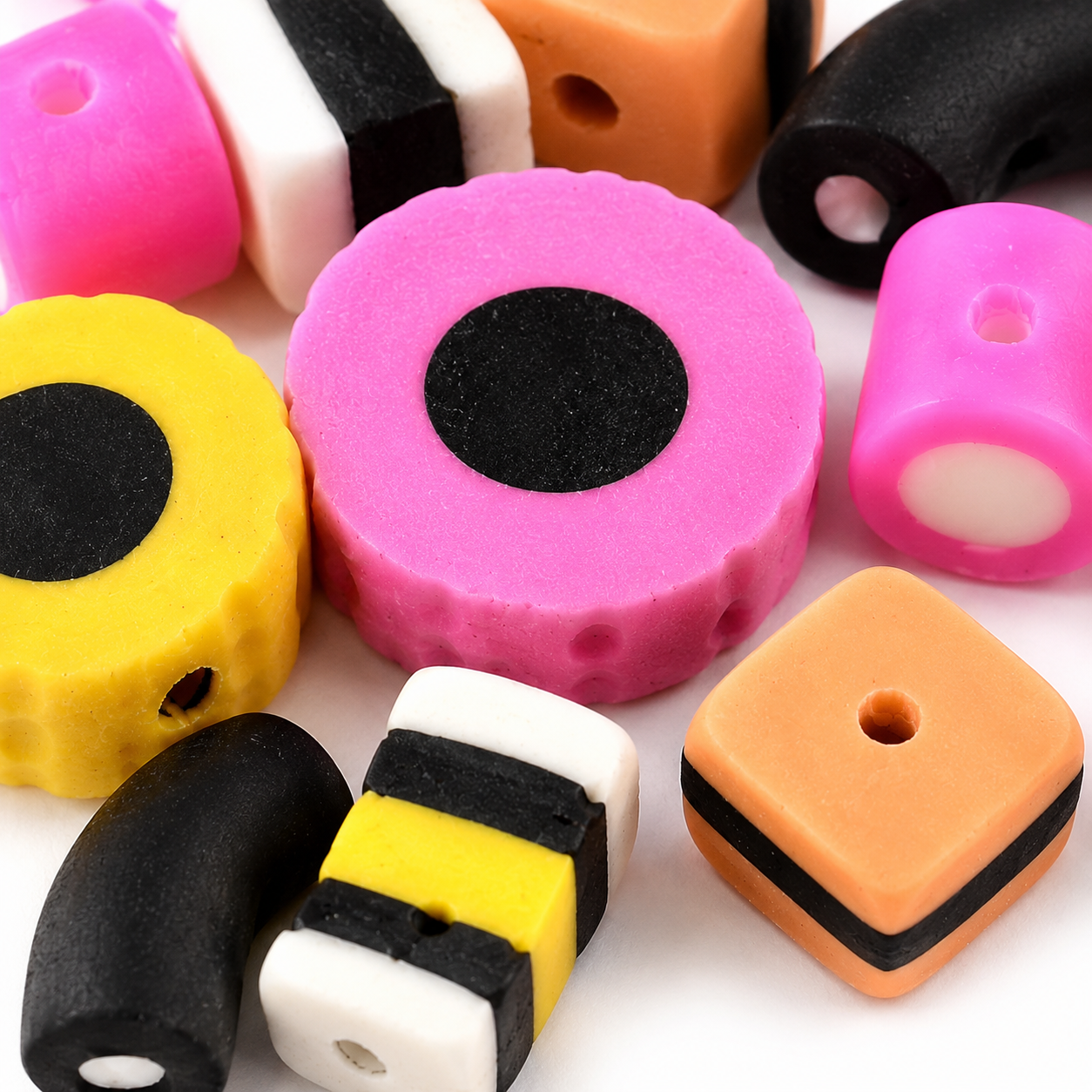 Macro view of polymer clay beads in pink, yellow, orange, black and white with drilled holes