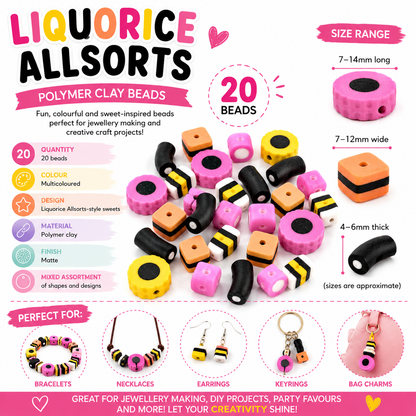 Assorted polymer clay beads with black, yellow, pink, orange, and white stripes and center holes