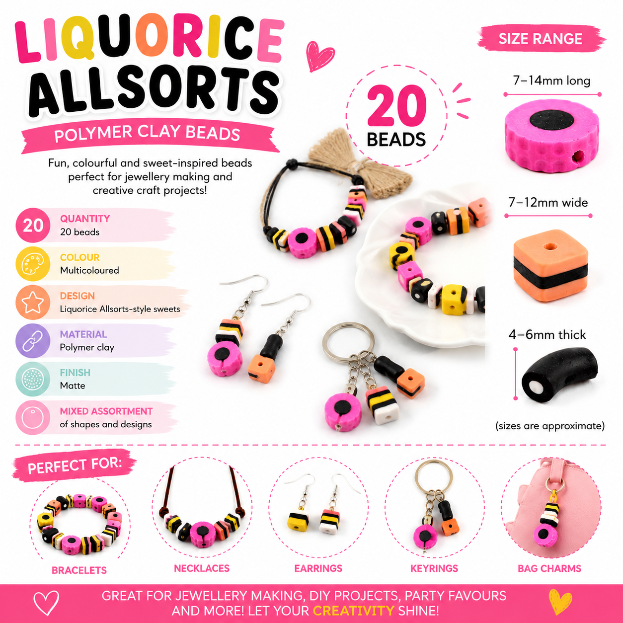 20-pack polymer clay beads in pink, yellow, orange, black and white with drilled holes