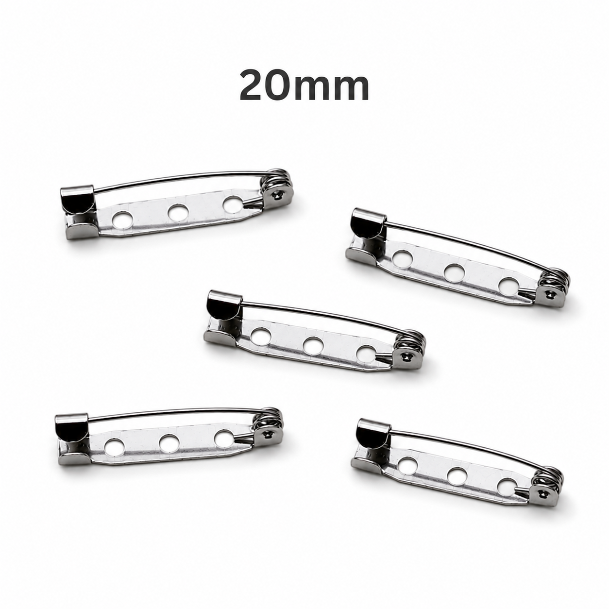 Silver 20mm brooch pin backs, curved clasp with two round holes