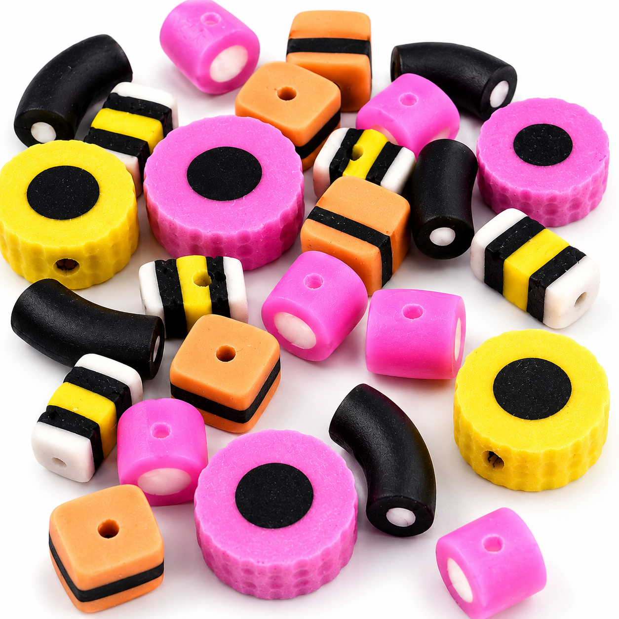 Close-up of assorted polymer clay beads: round slices and block beads with center holes
