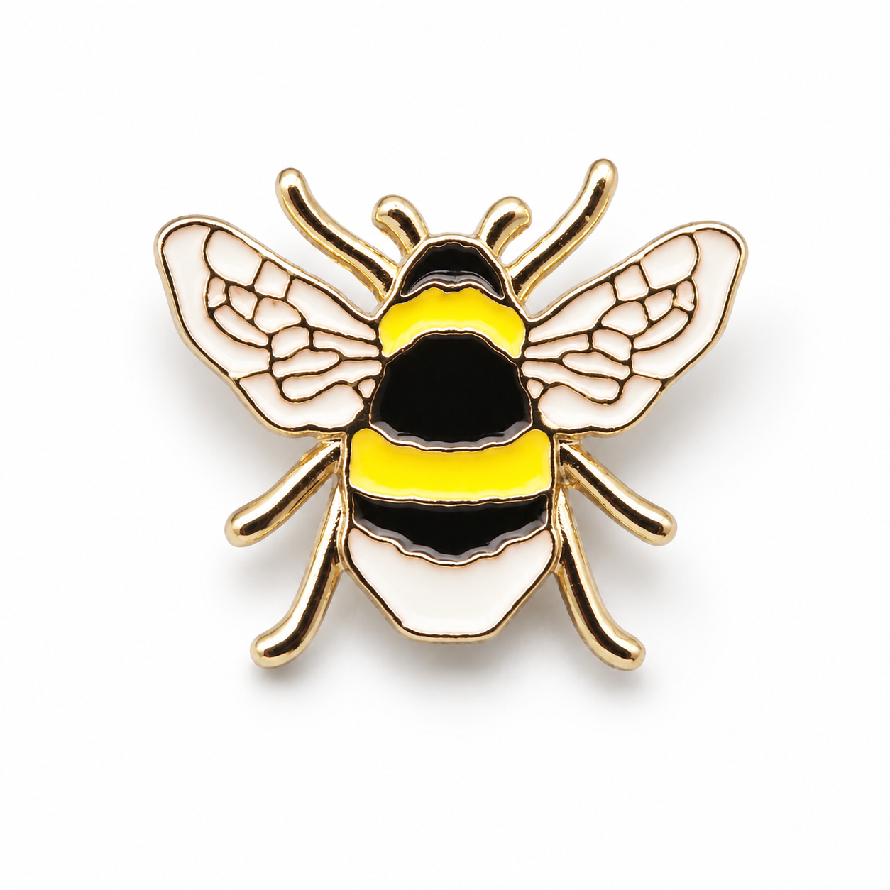 Bee enamel pin badge, gold-tone border, yellow and black body with wings