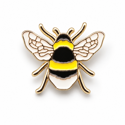 Bee enamel pin badge, gold-tone border, yellow and black body with wings