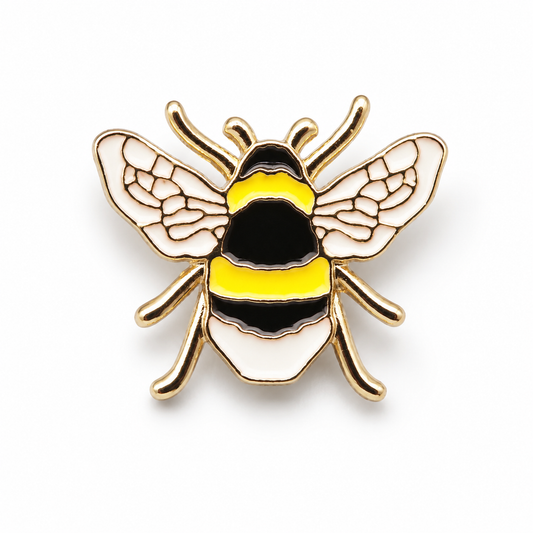 Bee enamel pin badge, gold-tone border, yellow and black body with wings