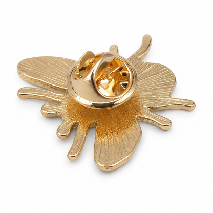 Bee enamel pin badge back, gold-tone clasp and pin needle, open spiral