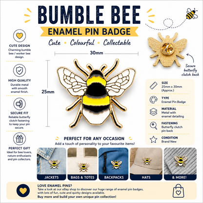 Bee enamel pin badge illustration with gold-tone edging, yellow and black wings