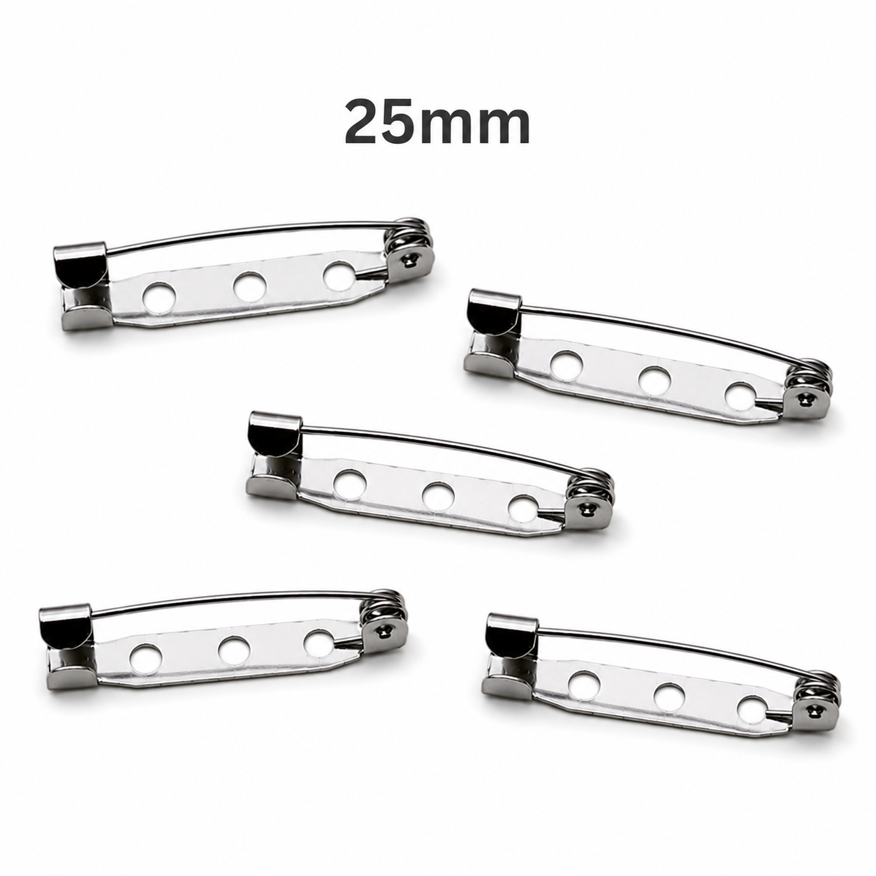 Silver 25mm brooch pin back, curved safety clasp with round holes