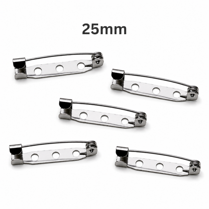 Silver 25mm brooch pin back, curved safety clasp with round holes
