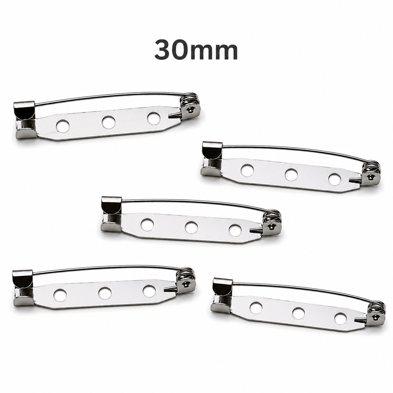 Silver 30mm brooch pin backs, curved hinge clasp with round holes