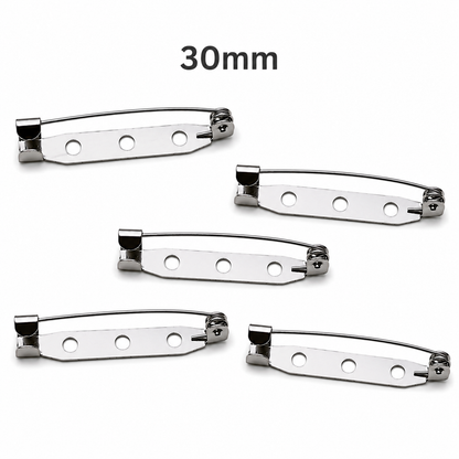 Silver 30mm brooch pin backs, curved hinge clasp with round holes