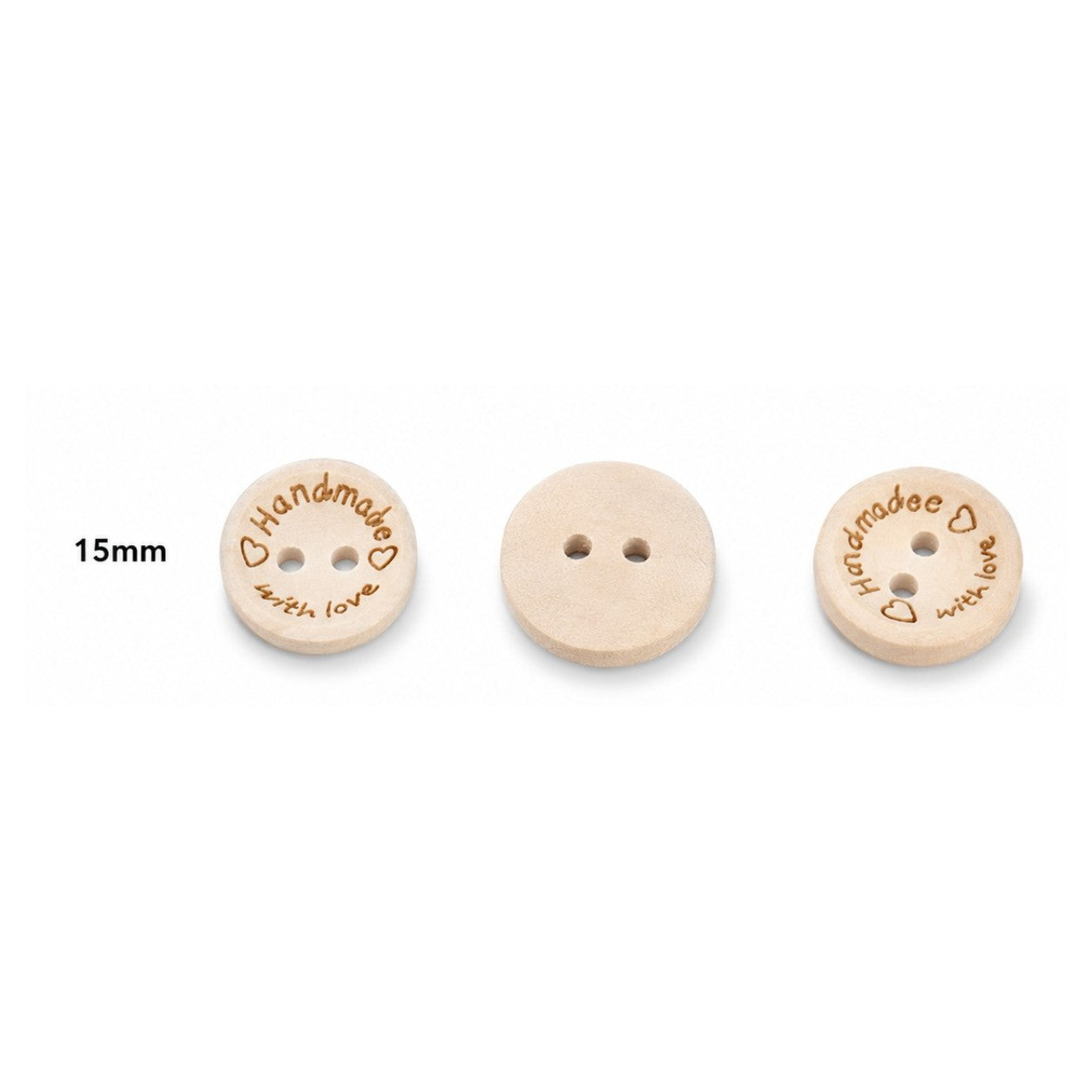 Natural wood sewing button, 15mm; engraved "Handmade with Love" and two-hole front