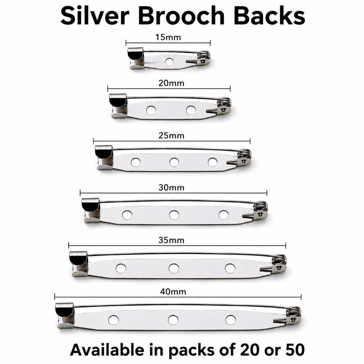 Silver brooch pin backs with clasp, shown in 15–40mm lengths