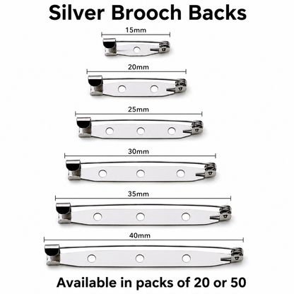 Silver brooch pin backs with clasp, shown in 15–40mm lengths