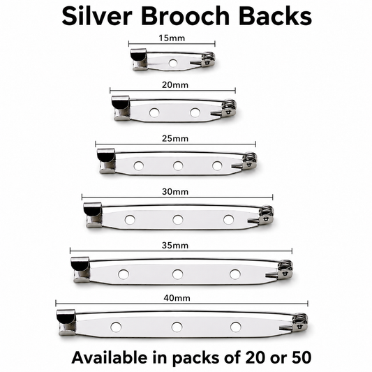 Silver brooch pin backs with clasp, shown in 15–40mm lengths