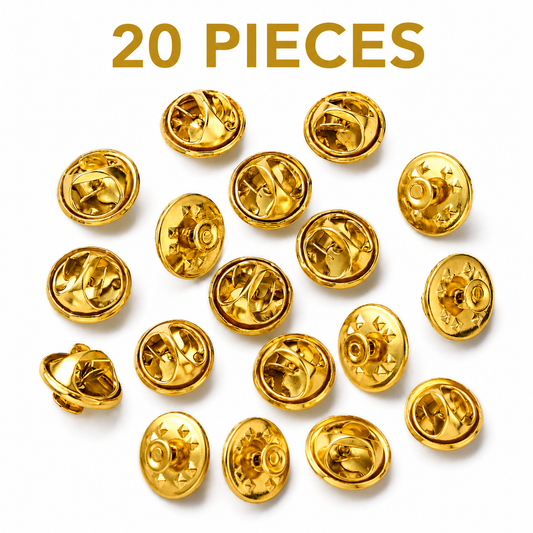 Set of 20 gold butterfly clutch pin backs, circular locks shown in a group.