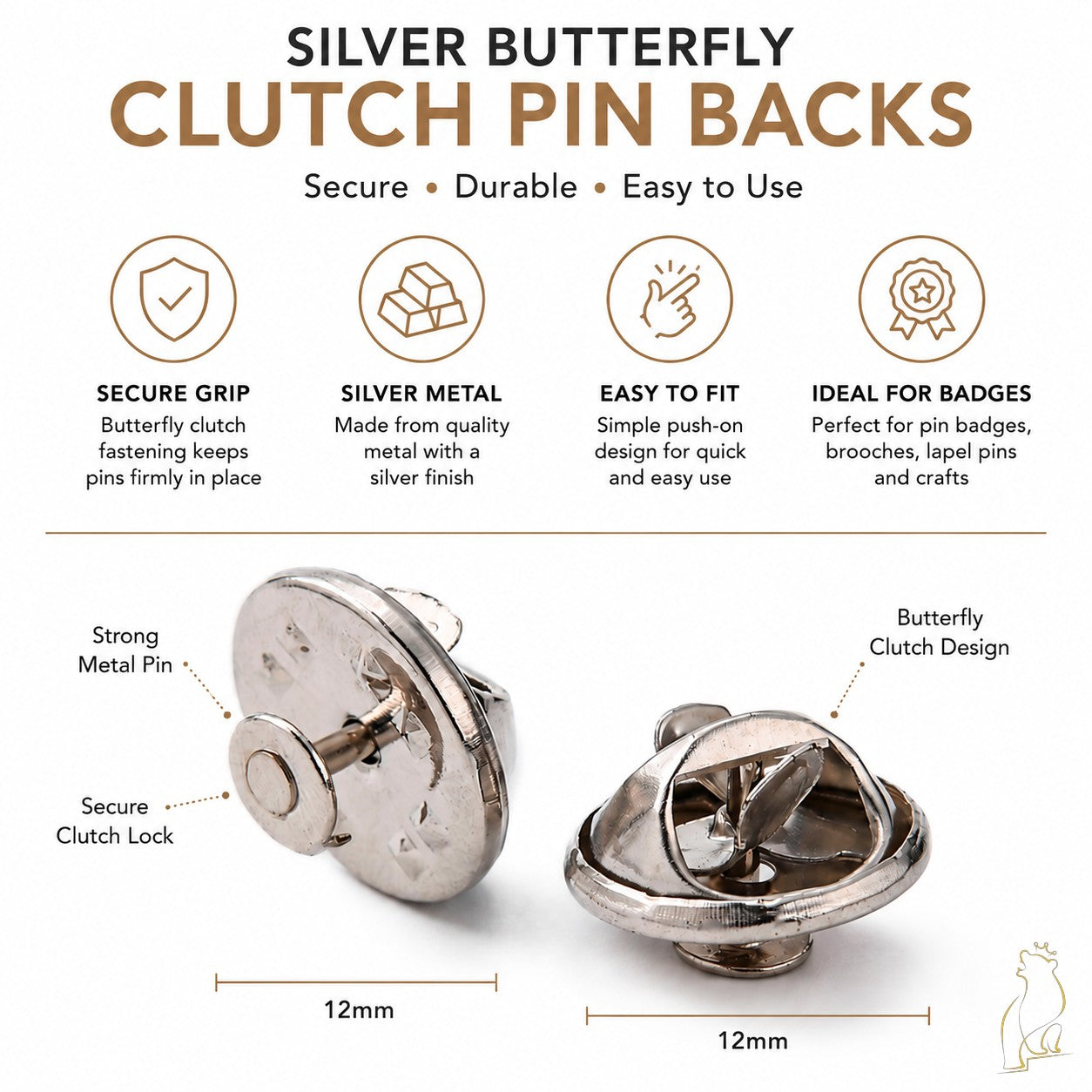 Silver butterfly clutch pin backs for brooches and badges, 12mm each