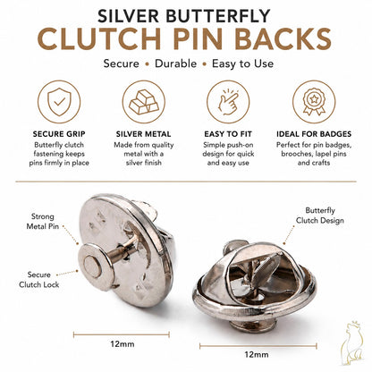 Silver butterfly clutch pin backs for brooches and badges, 12mm each