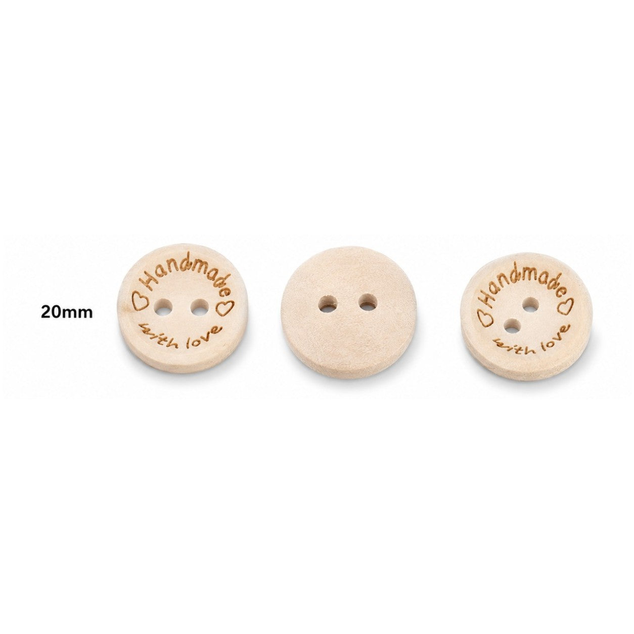 Natural wood sewing buttons, 20mm; engraved "Handmade with Love" plus plain two-hole button