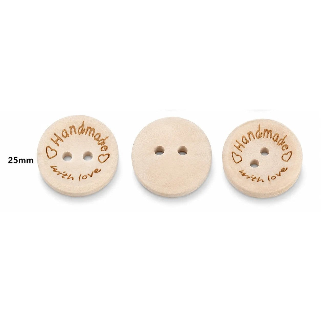 Natural wood sewing buttons, 25mm; engraved "Handmade with Love" with two holes and plain option