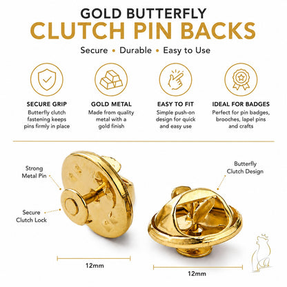 Gold butterfly clutch pin backs, round metal locks with 12mm size shown.