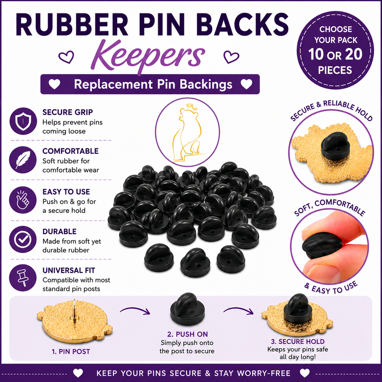 Carded replacement rubber pin backs with black pieces and example gold pin