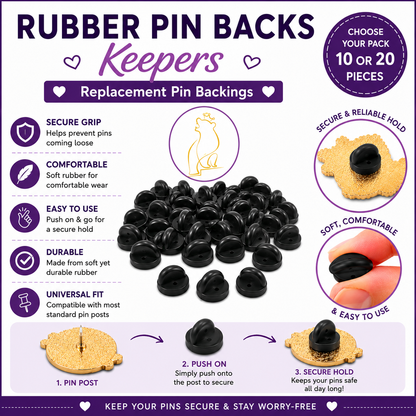 Carded replacement rubber pin backs with black pieces and example gold pin
