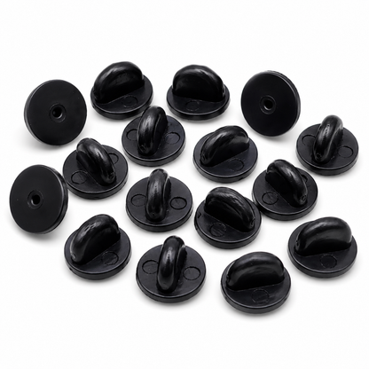 Set of black rubber pin backs, rounded grips with circular mounting holes